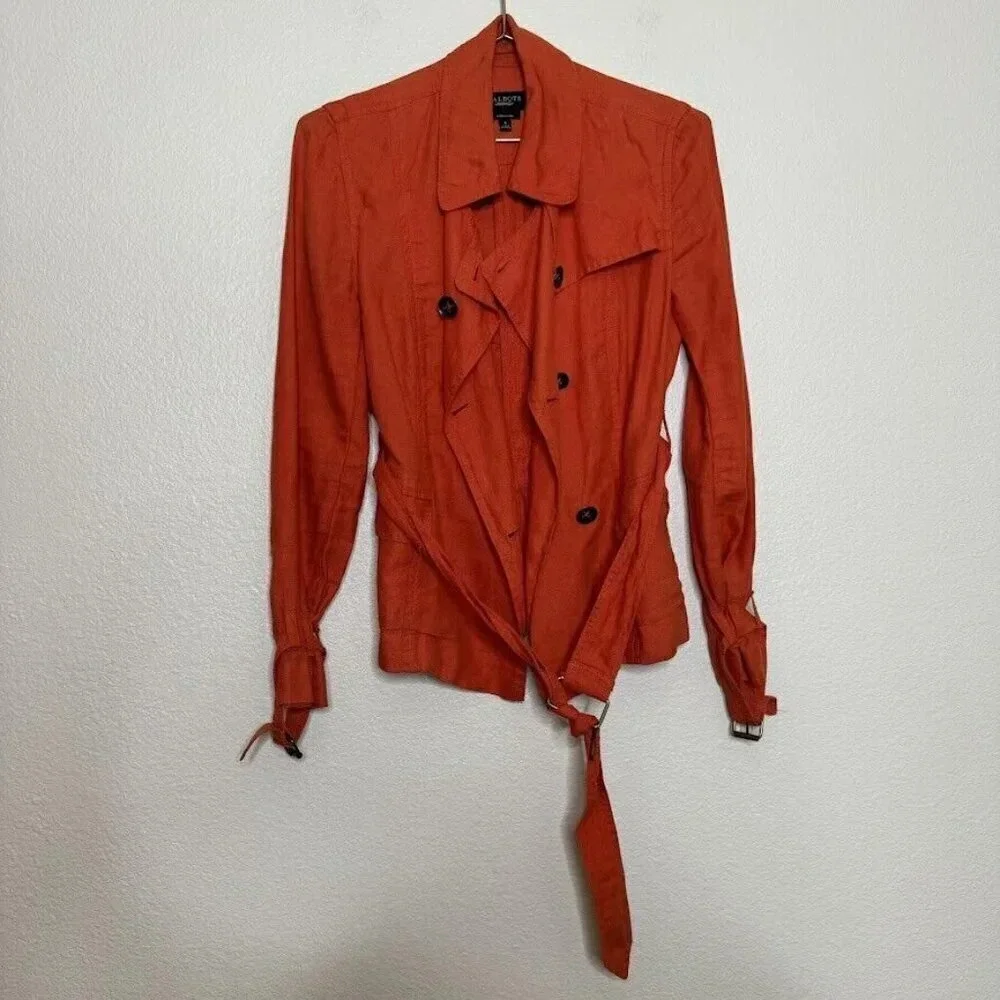 Talbots Orange Irish Linen Trench Coat Button Belted Summer Spring Jacket Sz 4P